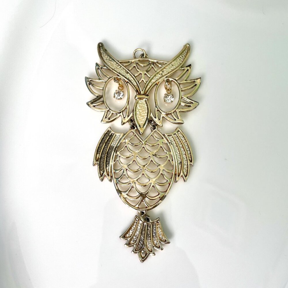 1970s Boho Vintage Dangling Rhinestone Mid-Century Modern MCM Owl Pendant